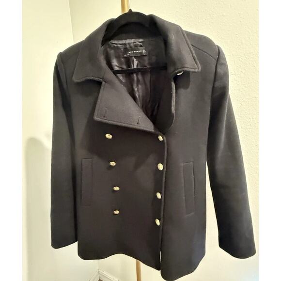 Zara Women's Black Wool Pea Coat w/Gold Buttons Mid Length Size Large - Picture 2 of 8